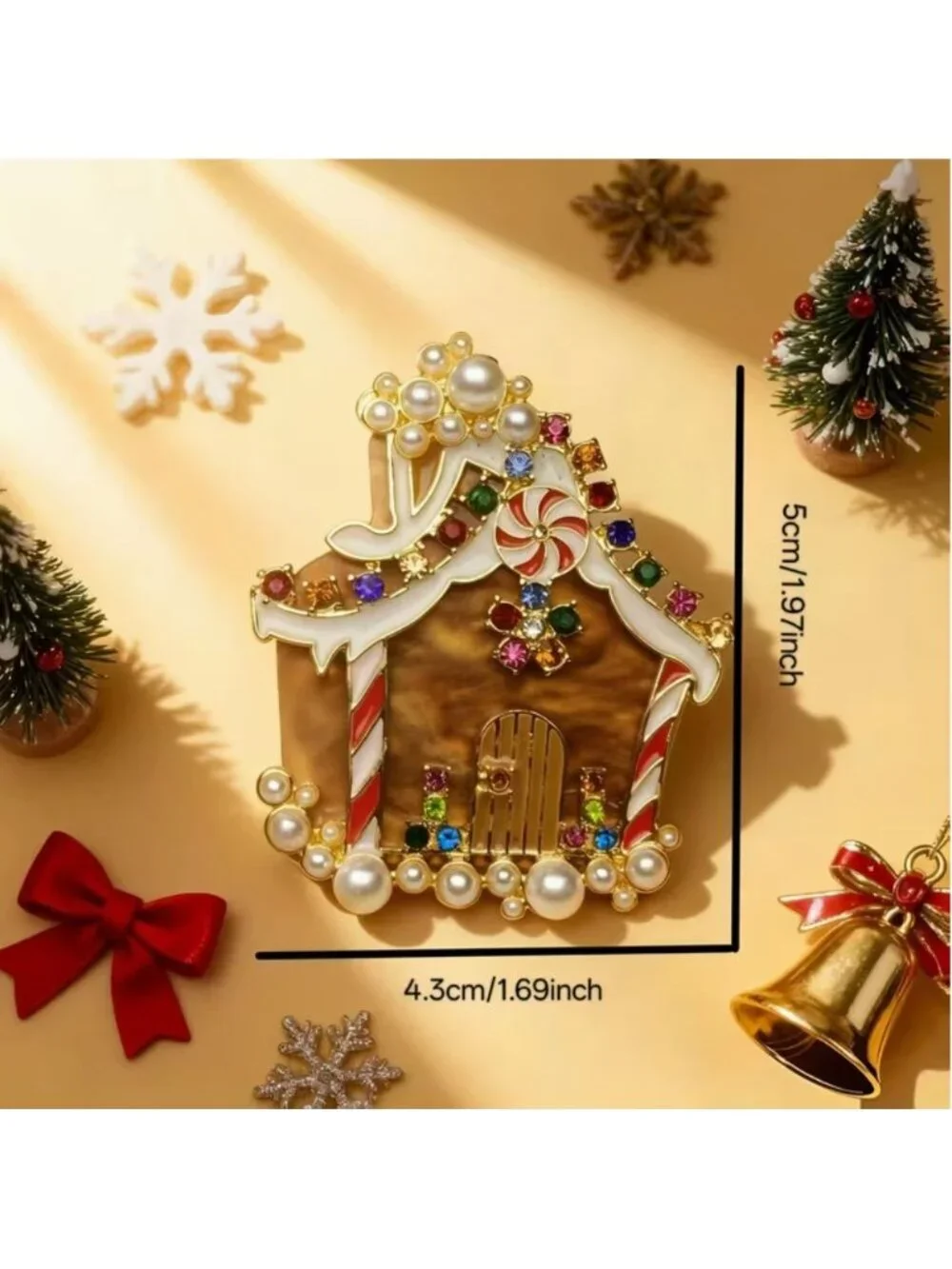 Ginger Bread House Christmas Brooch Acrylic & Enamel with Imitation Pearls